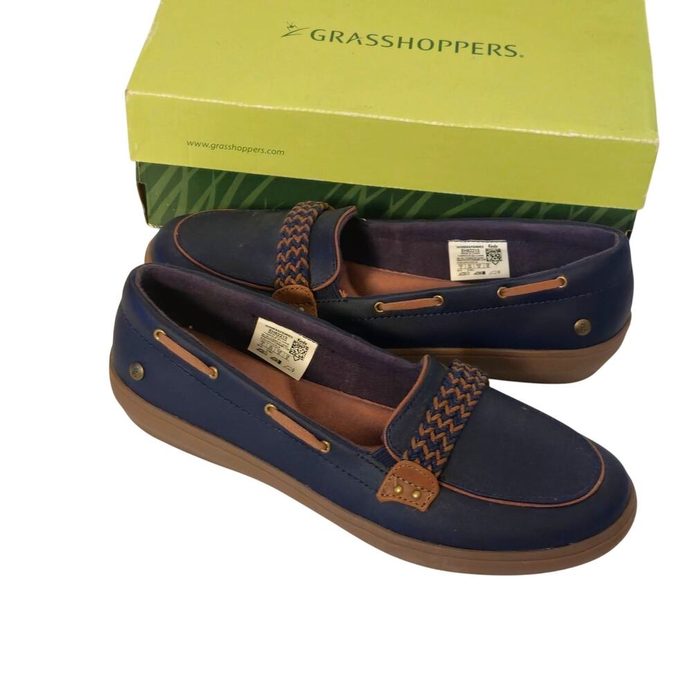 Grasshoppers Women's Windsor Leather Slip On Loafers Navy Blue Brown Size 8